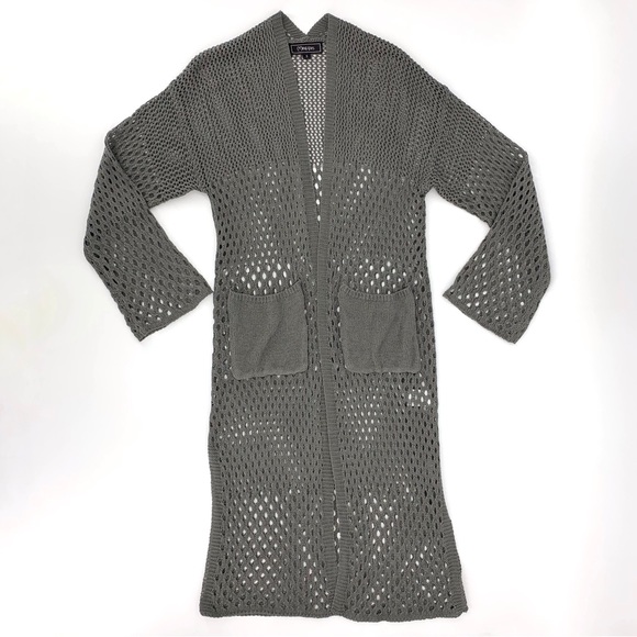 Minkas Taupe Mesh Knit Open Front Long Cardigan with Pockets, Small - Picture 12 of 16